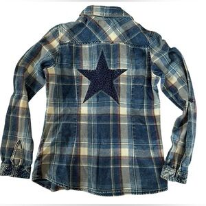 Ci Sono Plaid Western Shirt Star Back Denim Wash Cowgirl Button up S